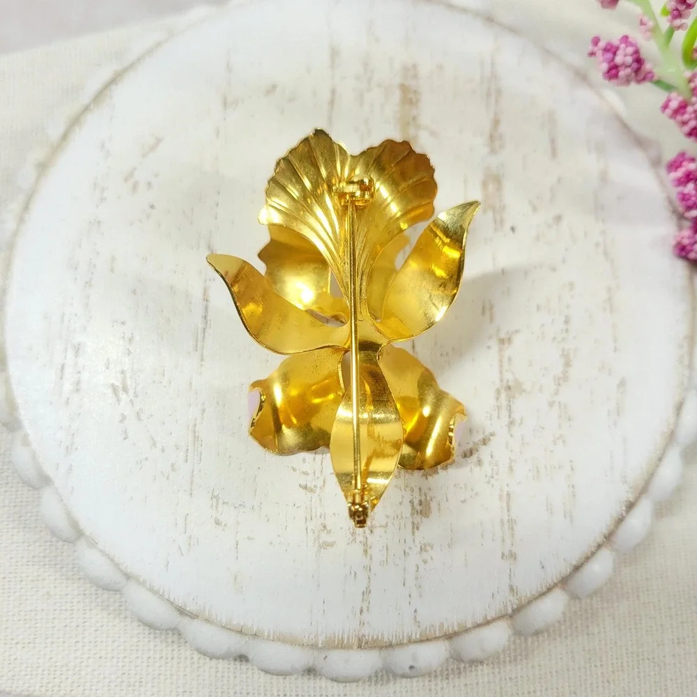 Vintage 1982 Cerrito Signed Pink Orchid Brooch, Pearlized Enamel /Gold Tone